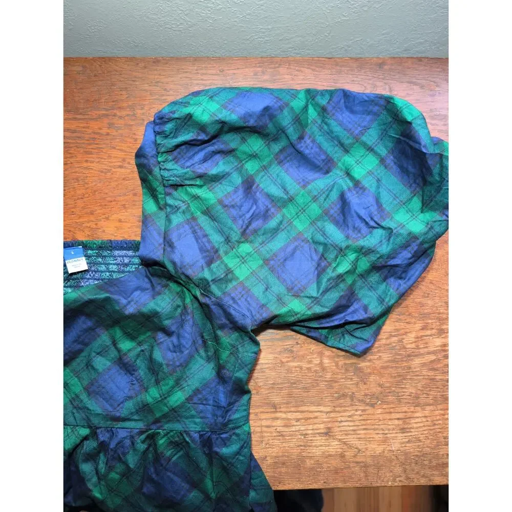 New Old Navy Plaid Peplum L Crop Puff Sleeve Green Blue Smocked Cottagecore